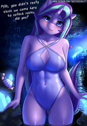 Size: 2063x3001 | Tagged: dead source, safe, alternate version, artist:twistedscarlett60, starlight glimmer, unicorn, anthro, abs, bedroom eyes, belly button, blushing, boob window, breasts, busty starlight glimmer, cheek fluff, chest fluff, cleavage, clothes, colored pupils, dialogue, eyeshadow, female, high res, imminent sex, legs in the water, looking at you, makeup, mare, one-piece swimsuit, open mouth, sexy, shoulder fluff, solo, stupid sexy starlight glimmer, swimsuit, underass, water, wet