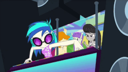 Size: 800x450 | Tagged: safe, screencap, dj pon-3, octavia melody, starlight, starshine, valhallen, vinyl scratch, equestria girls, equestria girls series, i'm on a yacht, spoiler:eqg series (season 2), animated, background human, clothes, dancing, one-piece swimsuit, smiling, speaker, striped swimsuit, sunglasses, swimsuit, vinyl's glasses