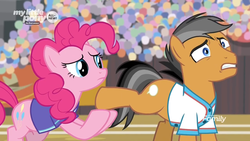 Size: 1366x768 | Tagged: safe, screencap, pinkie pie, quibble pants, earth pony, pony, common ground, g4, audience, clothes, crowd, discovery family logo, shirt, stadium