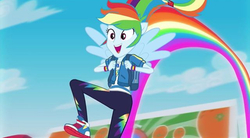 Size: 640x354 | Tagged: safe, screencap, rainbow dash, equestria girls, g4, my little pony equestria girls: better together, run to break free, converse, cute, dashabetes, female, flying, geode of super speed, happy, magical geodes, ponied up, shoes, singing, smiling, sneakers