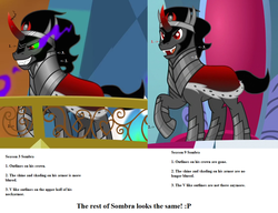 Size: 1121x861 | Tagged: safe, artist:nukarulesthehouse1, edit, edited screencap, screencap, king sombra, pony, unicorn, g4, season 3, the beginning of the end, the crystal empire, antagonist, armor, black mane, caption, comparison, crown, design, evil, evil smile, grin, image macro, male, smiling, solo, sombra eyes, text