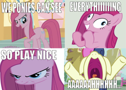 Size: 669x483 | Tagged: safe, edit, edited screencap, editor:undeadponysoldier, screencap, bon bon, pinkie pie, sweetie drops, earth pony, pony, g4, party of one, angry, comic, evil face, female, insane face, mare, nose in the air, pinkamena diane pie, pixar, screaming, screencap comic, so play nice, tom hanks, toy story, volumetric mouth, we toys can see everything, woody, wrong aspect ratio