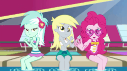 Size: 1336x752 | Tagged: safe, screencap, derpy hooves, lyra heartstrings, pinkie pie, equestria girls, g4, i'm on a yacht, my little pony equestria girls: better together, animated, belly button, bikini, bikini top, clothes, cute, dancing, derpabetes, diapinkes, female, gif, glasses, heart shaped glasses, lidded eyes, looking at you, lyrabetes, midriff, one-piece swimsuit, pool party, sleeveless, sunglasses, swimming pool, swimsuit, trio, trio female, vip
