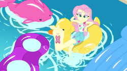 Size: 2048x1152 | Tagged: safe, edit, edited screencap, editor:sonic ranger, screencap, fluttershy, equestria girls, g4, i'm on a yacht, my little pony equestria girls: better together, barefoot, element of kindness, feet, female, flutterfeet, foot focus, soles, solo, tattoo, wiggling toes