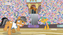 Size: 1366x768 | Tagged: safe, screencap, quibble pants, snails, earth pony, pony, common ground, g4, audience, basket, butt, crowd, plot, quibble butts, speaker, stadium