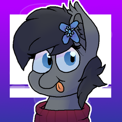 Size: 600x600 | Tagged: safe, artist:retro_hearts, oc, oc only, oc:seachell, bat pony, pony, :p, bat pony oc, clothes, female, flower, flower in hair, mare, silly, simple background, solo, sweater, tongue out