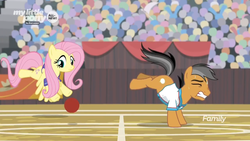 Size: 1366x768 | Tagged: safe, screencap, fluttershy, quibble pants, earth pony, pegasus, pony, common ground, g4, audience, ball, buckball, crowd, discovery family logo, fail, field