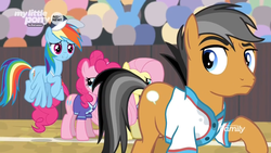 Size: 1366x768 | Tagged: safe, screencap, fluttershy, pinkie pie, quibble pants, rainbow dash, earth pony, pegasus, pony, common ground, g4, audience, coach rainbow dash, crowd, discovery family logo, field