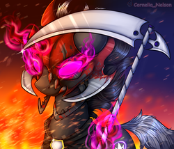 Size: 3500x3000 | Tagged: safe, artist:cornelia_nelson, pony, cape, cloak, clothes, cosplay, costume, crossover, dota, dota 2, fire, glowing, glowing eyes, glowing horn, high res, horn, mantle, mask, scythe, solo, sombra eyes