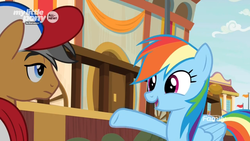 Size: 1366x768 | Tagged: safe, screencap, quibble pants, rainbow dash, earth pony, pegasus, pony, common ground, g4, cap, discovery family logo, hat, smiling, unamused