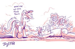 Size: 2885x1896 | Tagged: safe, artist:jowyb, fluttershy, pinkie pie, quibble pants, rainbow dash, earth pony, pegasus, pony, common ground, g4, baseball cap, buckball, cap, comic, female, hat, limited palette, male, mare, score cards, sketch, stallion, whistle, whistle necklace