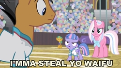 Size: 1280x720 | Tagged: safe, edit, edited screencap, screencap, clear sky, quibble pants, snails, wind sprint, earth pony, pegasus, pony, unicorn, common ground, g4, angry, caption, image macro, needs more jpeg, sweat stain, text, watermark