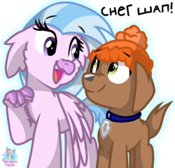Size: 835x800 | Tagged: safe, artist:rainbow eevee, silverstream, dog, hippogriff, g4, chocolate labrador, collar, cyrillic, hat, open mouth, paw patrol, puppy, russian, simple background, smiling, text, white background, zuma