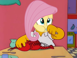 Size: 1005x754 | Tagged: safe, edit, edited screencap, screencap, fluttershy, human, lobster, equestria girls, g4, my little pony equestria girls, eating, female, food, homer simpson, male, seafood, solo, the simpsons