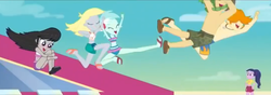 Size: 1085x382 | Tagged: safe, screencap, baewatch, derpy hooves, lyra heartstrings, octavia melody, sandalwood, valhallen, equestria girls, equestria girls series, g4, i'm on a yacht, spoiler:eqg series (season 2), clothes, cropped, feet, legs, midriff, partial nudity, sandals, shorts, smiling, swimming trunks, swimsuit, topless