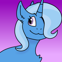 Size: 900x900 | Tagged: safe, artist:oleandxr, trixie, pony, unicorn, g4, :3, bust, chest fluff, cute, diatrixes, ear fluff, female, gradient background, hair over one eye, mare, portrait, solo