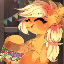 Size: 2000x2000 | Tagged: safe, artist:butter-bit, artist:butterbit, applejack, earth pony, pony, apple, burger, chest fluff, cute, ear fluff, eating, eye clipping through hair, eyebrows, eyebrows visible through hair, eyes closed, female, food, freckles, hat, hay burger, herbivore, jackabetes, ketchup, leg fluff, lettuce, mare, onion, pickle, pickles, sauce, smiling, solo, tomato, veggie burger
