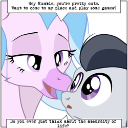 Size: 1300x1300 | Tagged: safe, artist:aaronmk, rumble, silverstream, hippogriff, pegasus, pony, g4, bedroom eyes, colt, dialogue, female, flirting, lidded eyes, male, oblivious, open mouth, quadrupedal, rumblestream, simple background, stranger danger, white background