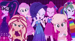 Size: 640x350 | Tagged: safe, screencap, applejack, fluttershy, pinkie pie, rainbow dash, rarity, sci-twi, sunset shimmer, twilight sparkle, equestria girls, g4, i'm on a yacht, my little pony equestria girls: better together, female, humane five, humane seven, humane six, lidded eyes, looking at you, neon eg logo, sleeveless