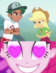 Size: 356x467 | Tagged: safe, edit, edited screencap, screencap, applejack, pinkie pie, timber spruce, coinky-dink world, equestria girls, g4, my little pony equestria girls: better together, my little pony equestria girls: summertime shorts, turf war, applespruce, female, geode of super strength, heart, heart eyes, lifeguard timber, magical geodes, male, meme, pinkie's eyes, shipping, shipping domino, straight, wingding eyes