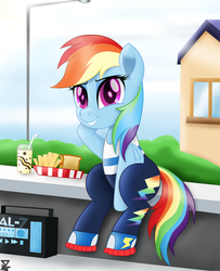 Size: 4800x5900 | Tagged: safe, artist:theretroart88, rainbow dash, pegasus, pony, absurd resolution, clothes, converse, cute, dashabetes, equestria girls outfit, female, food, mare, movie accurate, shoes, sitting, smiling, sneakers, streetlight