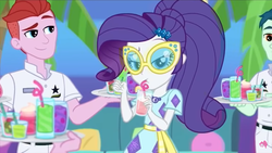 Size: 1366x768 | Tagged: safe, screencap, beau tide, nantucket flyer, rarity, equestria girls, g4, i'm on a yacht, my little pony equestria girls: better together, clothes, dress, drink, geode of shielding, glasses, juice, lemonade, magical geodes, pink lemonade, straw, sunglasses, waiter