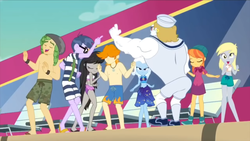 Size: 1366x768 | Tagged: safe, screencap, bulk biceps, derpy hooves, microchips, octavia melody, orange sunrise, sandalwood, trixie, valhallen, equestria girls, equestria girls series, g4, i'm on a yacht, spoiler:eqg series (season 2), ankles, background human, beach chair, chair, clothes, dancing, fainting couch, feet, female, glasses, legs, male, male feet, partial nudity, sailor hat, sandals, sarong, shorts, swimming trunks, swimsuit, topless