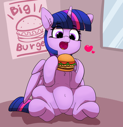 Size: 2545x2623 | Tagged: safe, artist:pabbley, twilight sparkle, alicorn, pony, g4, belly button, burger, chest fluff, cute, ear fluff, female, food, happy, heart, heart eyes, high res, hoof hold, meat, open mouth, ponies eating meat, solo, that pony sure does love burgers, twiabetes, twilight burgkle, twilight sparkle (alicorn), wingding eyes