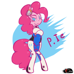 Size: 1000x1000 | Tagged: safe, artist:ggumbaramggun, pinkie pie, pony, g4, abstract background, bipedal, clothes, cosplay, costume, crossed hooves, crossover, d.va, female, latin american, melissa gedeón, no pupils, overwatch, p.nkie, solo, voice actor joke