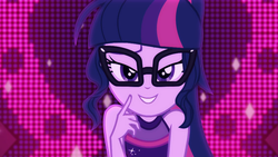 Size: 1920x1080 | Tagged: safe, screencap, sci-twi, twilight sparkle, equestria girls, equestria girls series, i'm on a yacht, spoiler:eqg series (season 2), adorasexy, beautiful, bedroom eyes, close-up, clothes, cute, dress, female, glasses, lidded eyes, looking at you, neon eg logo, ponytail, sexy, sexy egghead, sleeveless, solo, twiabetes