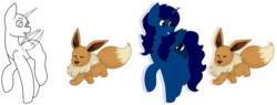 Size: 1024x390 | Tagged: safe, artist:calibykitty, oc, oc only, oc:midnight, oc:midnight specter, alicorn, eevee, pony, advertisement, alicorn oc, any gender, any species, commission, pokémon, solo, your character here