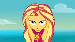 Size: 1920x1080 | Tagged: safe, screencap, sunset shimmer, equestria girls, equestria girls series, g4, i'm on a yacht, spoiler:eqg series (season 2), beautiful, clothes, female, lidded eyes, looking at you, sky, solo