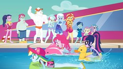 Size: 1920x1080 | Tagged: safe, screencap, baewatch, bulk biceps, henry handle, lily pad (g4), lyra heartstrings, manestrum, meal ticket, pinkie pie, rainbow dash, sci-twi, sunset shimmer, technicolor waves, trixie, twilight sparkle, equestria girls, equestria girls series, g4, i'm on a yacht, spoiler:eqg series (season 2), ass, background human, barefoot, beach shorts swimsuit, belly button, bikini, butt, clothes, cruise, feet, female, floaty, geode of empathy, geode of shielding, geode of sugar bombs, geode of super speed, geode of super strength, geode of telekinesis, inflatable, inflatable toy, legs, magical geodes, male, male feet, male nipples, midriff, nipples, partial nudity, pinkie pie's beach shorts swimsuit, pool toy, racing, raft, rainbow dash's beach shorts swimsuit, rainbutt dash, riding, sandals, sarong, sci-twi's beach shorts swimsuit, sky, sleeveless, sunset shimmer's beach shorts swimsuit, swimming pool, swimsuit, tankini, topless
