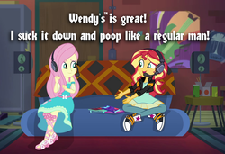 Size: 1582x1080 | Tagged: safe, edit, edited screencap, screencap, fluttershy, sunset shimmer, equestria girls, g4, game stream, my little pony equestria girls: better together, arin hanson, clothes, converse, egoraptor, female, game grumps, gamer sunset, gamershy, grumpset shimmer, headset mic, implied food, implied poop, meme, microphone, not so grumpershy, shoes, sneakers, sunset's apartment, super mario bros., trademark, wendy's
