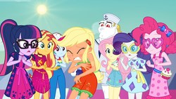 Size: 1920x1080 | Tagged: safe, screencap, applejack, bulk biceps, fluttershy, pinkie pie, rainbow dash, rarity, sci-twi, sunset shimmer, twilight sparkle, equestria girls, g4, i'm on a yacht, my little pony equestria girls: better together, baseball cap, cap, clothes, female, geode of empathy, geode of fauna, geode of shielding, geode of sugar bombs, geode of super speed, geode of super strength, glasses, hat, heart shaped glasses, humane five, humane seven, humane six, magical geodes, male, ponytail, sailor, sailor hat, sleeveless, sun, sunburn, sunglasses