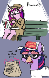 Size: 664x1051 | Tagged: safe, artist:jargon scott, princess cadance, twilight sparkle, alicorn, pony, g4, 2 panel comic, burger, clothes, comic, dialogue, disguise, duo, food, groucho mask, meat, missing horn, paper-thin disguise, peetzer, pepperoni, pepperoni pizza, pizza, ponies eating meat, seems legit, sisters-in-law, that pony sure does love pizza, twilight burgkle, twilight sparkle (alicorn)