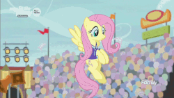 Size: 854x480 | Tagged: safe, screencap, fluttershy, pinkie pie, earth pony, pegasus, pony, common ground, g4, animated, buckball, cute, female, flying, lidded eyes, mare, prehensile mane, prehensile tail, raised eyebrow, smiling, smirk, tail hold