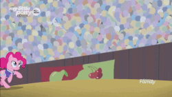 Size: 854x480 | Tagged: safe, screencap, pinkie pie, earth pony, pony, common ground, g4, season 9, animated, bouncing, buckball, female, gif, mare, pinkie being pinkie, ponk, smiling, solo, tail bounce