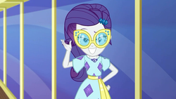 Size: 1920x1080 | Tagged: safe, screencap, rarity, equestria girls, g4, i'm on a yacht, my little pony equestria girls: better together, beautiful, clothes, cruise outfit, cute, dress, female, geode of empathy, geode of fauna, geode of shielding, geode of sugar bombs, geode of super speed, geode of super strength, geode of telekinesis, grin, lidded eyes, looking at you, magical geodes, raised eyebrow, raribetes, smiling, solo, stupid sexy rarity, sunglasses, vacation, waving, wide grin