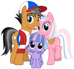 Size: 3450x3200 | Tagged: safe, artist:cheezedoodle96, clear sky, quibble pants, wind sprint, earth pony, pegasus, pony, unicorn, common ground, g4, .svg available, adopted offspring, baseball cap, cap, clothes, cute, cute sky, family, female, filly, foal, hat, high res, hoof on shoulder, male, mare, mother and daughter, neckerchief, pose, quibblebetes, raised leg, shirt, side hug, simple background, sprintabetes, stallion, svg, towel, transparent background, trio, vector