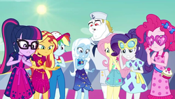 Size: 1280x720 | Tagged: safe, screencap, bulk biceps, fluttershy, pinkie pie, rainbow dash, rarity, sci-twi, sunset shimmer, trixie, twilight sparkle, equestria girls, g4, i'm on a yacht, spoiler:eqg series (season 2), baseball cap, belly button, cap, clothes, dress, female, geode of empathy, geode of fauna, geode of shielding, geode of sugar bombs, geode of super speed, geode of super strength, geode of telekinesis, glasses, hat, heart shaped glasses, magical geodes, male, ponytail, sailor, sailor hat, sarong, sleeveless, sun, sunglasses, swimsuit