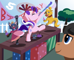 Size: 1500x1219 | Tagged: safe, artist:magerblutooth, diamond tiara, oc, oc:dazzle, oc:peal, cat, earth pony, mouse, pony, comic:diamond and dazzle, g4, banner, cherry, cupcake, female, filly, foal, food, happy birthday, party horn, present, tree