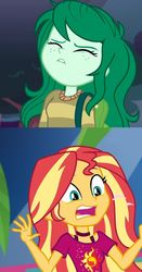 Size: 678x1298 | Tagged: safe, edit, edited screencap, screencap, sunset shimmer, wallflower blush, equestria girls, equestria girls specials, g4, i'm on a yacht, my little pony equestria girls: better together, my little pony equestria girls: forgotten friendship, clothes, parody