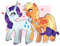 Size: 2633x2033 | Tagged: safe, artist:emera33, applejack, rarity, classical unicorn, earth pony, pony, unicorn, g4, alternate design, belly fluff, bow, clothes, cloven hooves, coat, colored hooves, cute, ear fluff, eye contact, eyeshadow, female, freckles, heart, high res, horn, jackabetes, leg fluff, leonine tail, lesbian, lidded eyes, long horn, looking at each other, love, makeup, mare, pink background, pride, raised hoof, raribetes, redesign, ship:rarijack, shipping, simple background, smiling, tail bow, transgender pride flag, transparent background, unshorn fetlocks