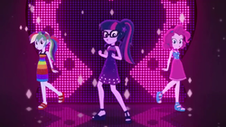Size: 1280x720 | Tagged: safe, screencap, pinkie pie, rainbow dash, sci-twi, twilight sparkle, equestria girls, g4, i'm on a yacht, spoiler:eqg series (season 2), clothes, dancing, dress, feet, female, glasses, headband, looking at you, neon eg logo, open-toed shoes, rainbow dash always dresses in style, sandals, singing, sleeveless, trio, trio female
