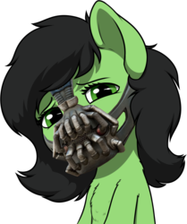 Size: 1242x1489 | Tagged: safe, artist:smoldix, edit, oc, oc only, oc:filly anon, earth pony, pony, bane, bane mask, baneposting, baneposting in the comments, chest fluff, female, filly, looking at you, mask, simple background, transparent background