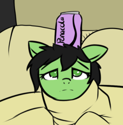 Size: 844x853 | Tagged: safe, artist:neuro, oc, oc only, oc:filly anon, earth pony, pony, bed, blanket, blanket burrito, female, filly, looking at you, pillow, sad, simple background, soda, soda can, wrapped up