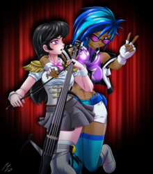 Size: 2085x2367 | Tagged: safe, artist:mauroz, dj pon-3, octavia melody, vinyl scratch, human, g4, bow (instrument), breasts, busty vinyl scratch, cello, clothes, curtains, dark skin, electric cello, female, fingerless gloves, gloves, headphones, high res, humanized, lesbian, musical instrument, panties, peace sign, ship:scratchtavia, shipping, shoes, skirt, socks, spotlight, sunglasses, thigh highs, zettai ryouiki