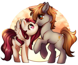 Size: 750x630 | Tagged: safe, artist:cabbage-arts, oc, oc:crimm harmony, oc:stitched laces, earth pony, pegasus, pony, boop, commission, commissioner:crimmharmony, duo, female, full moon, male, moon, noseboop, oc x oc, pegasus oc, rearing, shipping, simple background, stimony, straight, transparent background