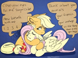 Size: 2048x1536 | Tagged: safe, artist:incendiarymoth, applejack, fluttershy, earth pony, pegasus, pony, anxiety, comforting, friendship, hug, panic attack, prone